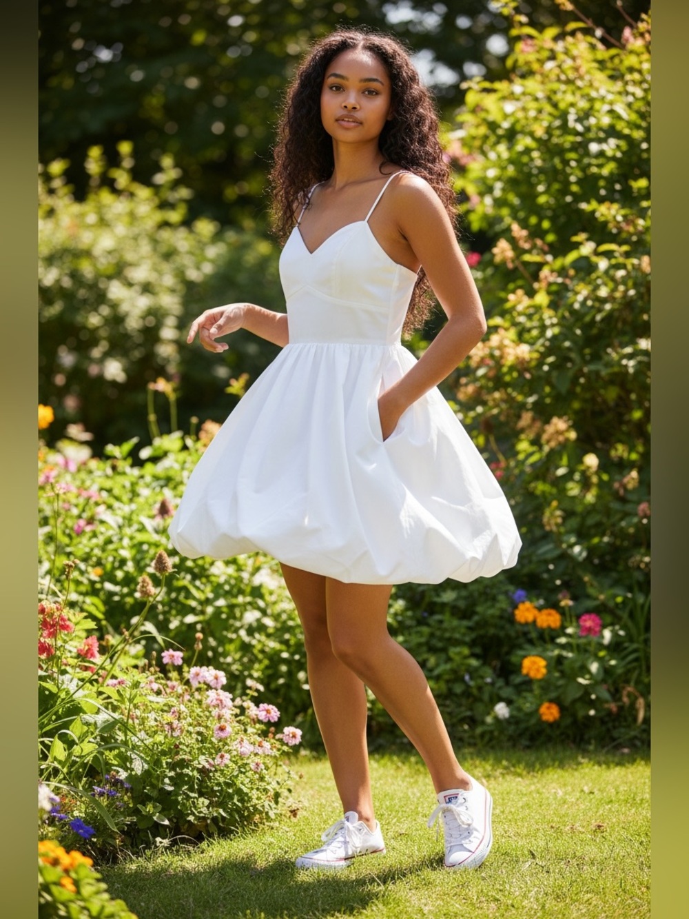 White Spaghetti-Strap Bubble Hem Dress